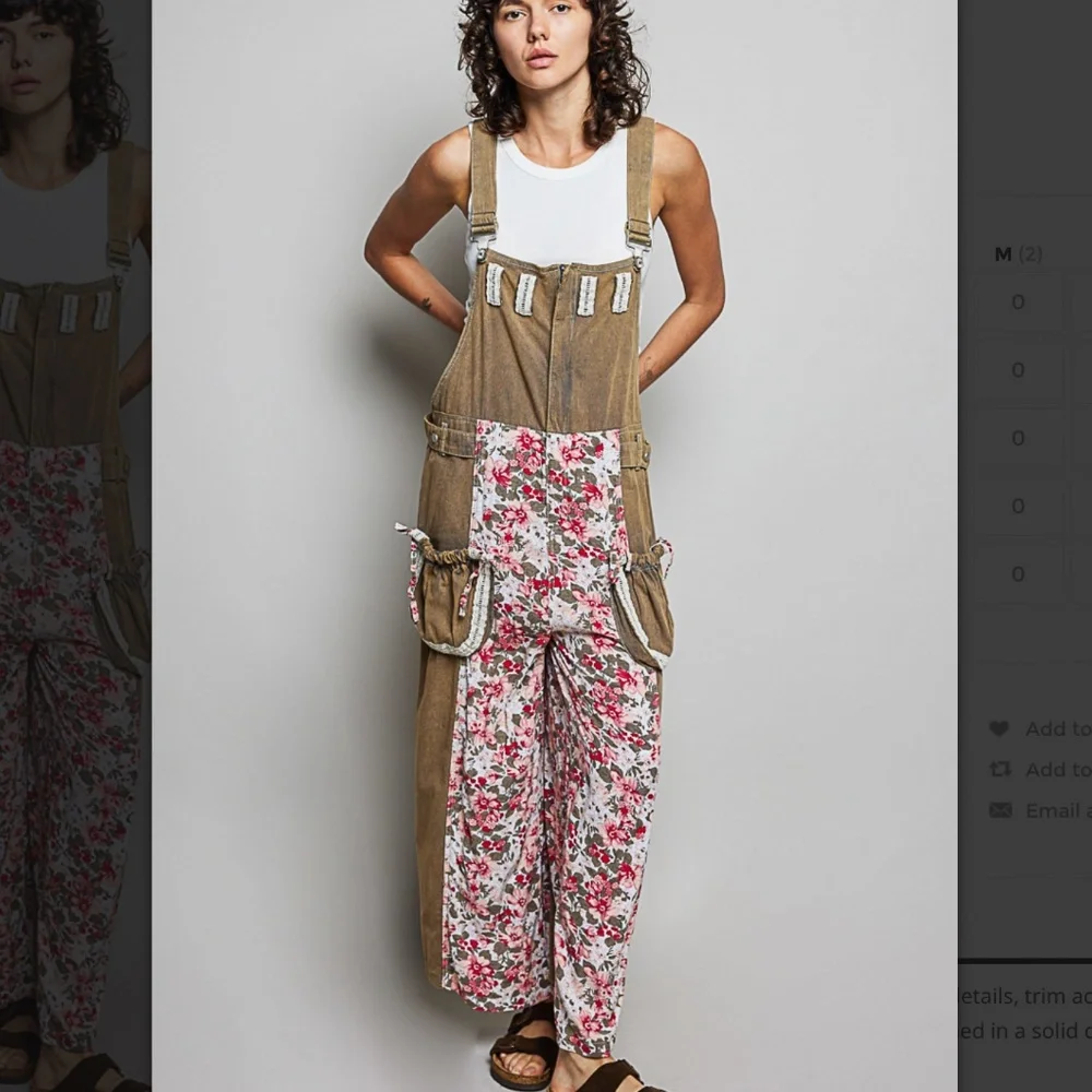 POL Brown Floral-Panel Overalls - Picture 3 of 8